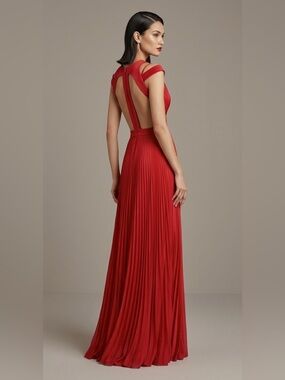 Caché Red Pleated Cutout Maxi Gown Dress Size 0 Formal Prom Gala Special Event